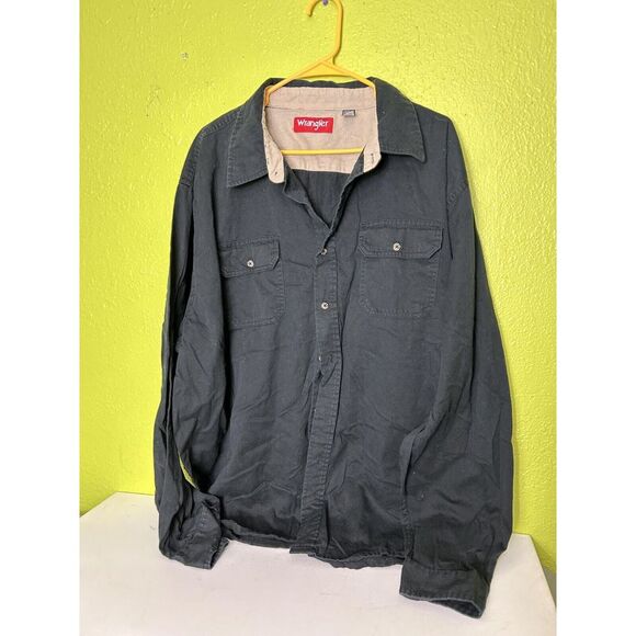 Wrangler Mens Button Up Shirt 100% Cotton Long Sleeves 2 Pockets Black Khaki 3XL - Picture 1 of 5